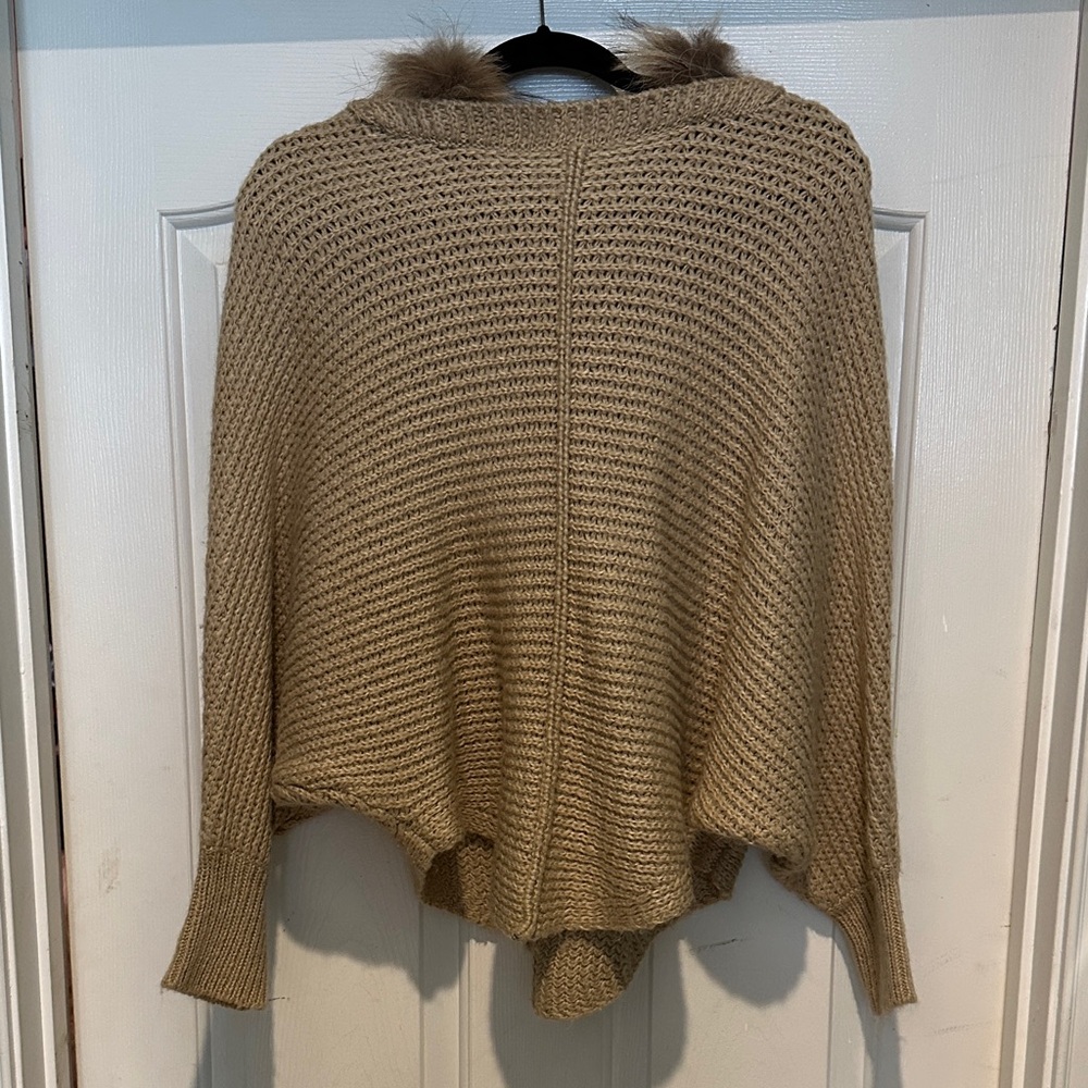 Altar'd State Tan Knit Poncho with Fur Trim